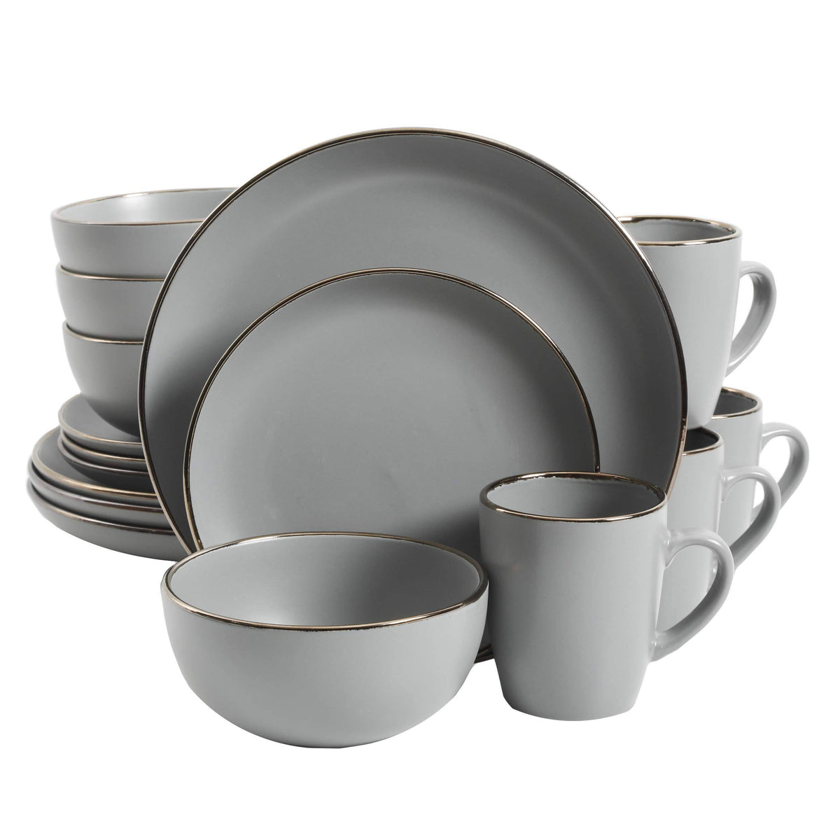 Gibson Home Rockaway Round Stoneware Dinnerware Set Service for 4 (16pcs) Grey/Gold Rim